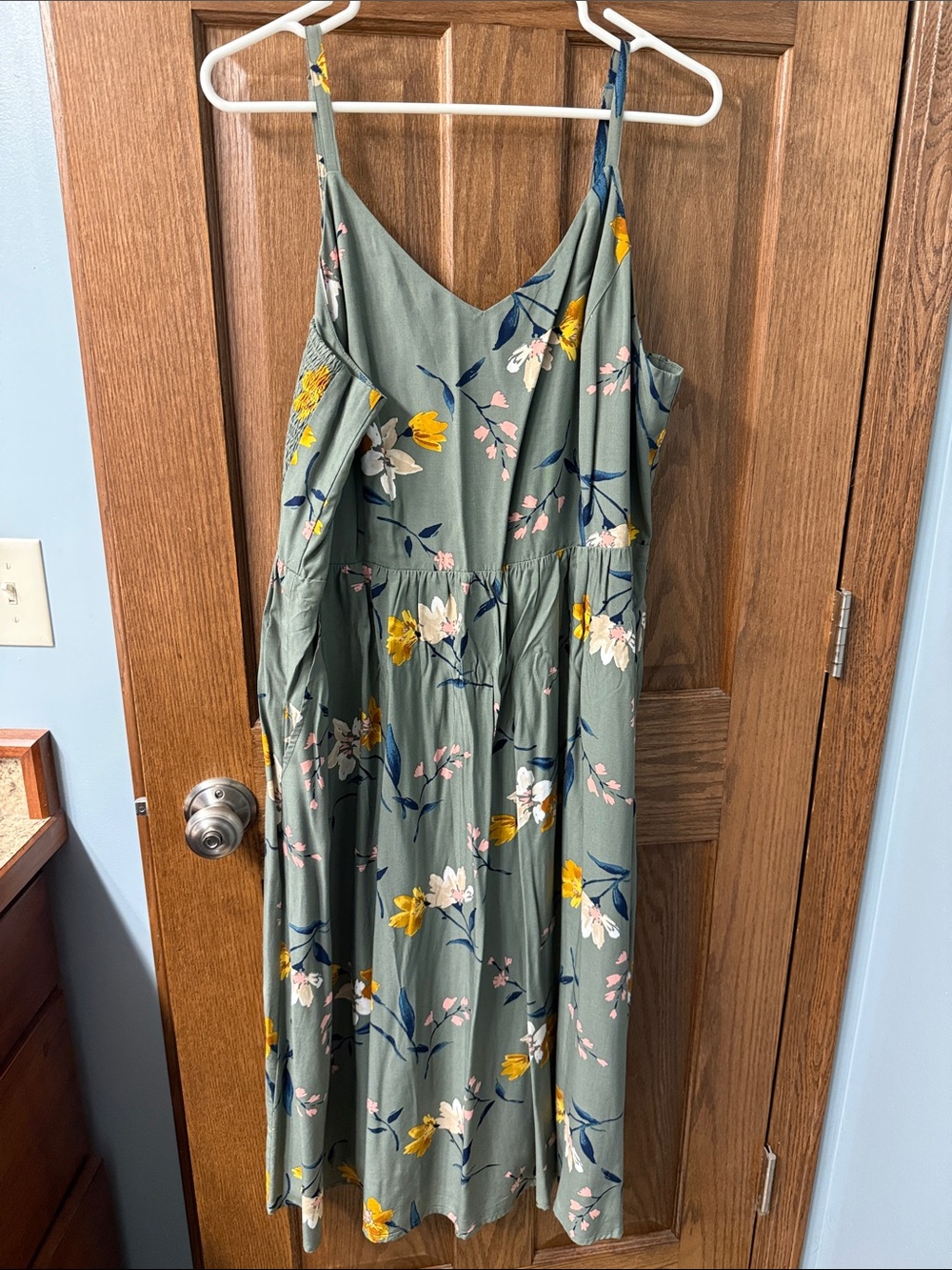 Old Navy Sage Green Floral Midi Dress with Yellow & Pink Blooms